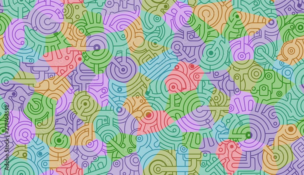 Fototapeta premium Mechanical seamless vector background pattern . Blue, Yellow, green, purple colors
