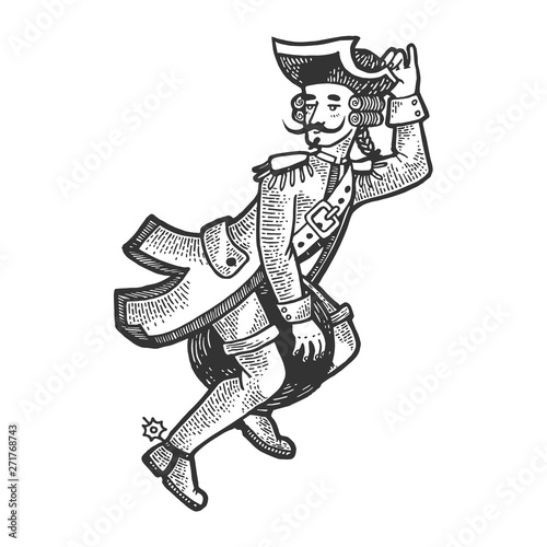 Baron fairy character flies on cannonball sketch engraving vector illustration. Scratch board style imitation. Black and white hand drawn image.
