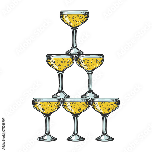 Champagne glass pyramid tower color sketch engraving vector illustration. Scratch board style imitation. Black and white hand drawn image.
