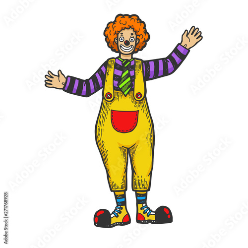 Circus clown funnyman performance color sketch engraving vector illustration. Scratch board style imitation. Black and white hand drawn image.