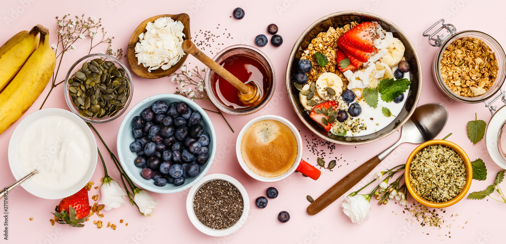 Healthy breakfast set with coffee and granola - obrazy, fototapety, plakaty 