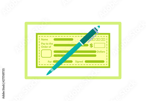 Check from bank vector, pen to write cheque payment and banking system, commerce and paying debts, accounting and saving money in safe place isolated