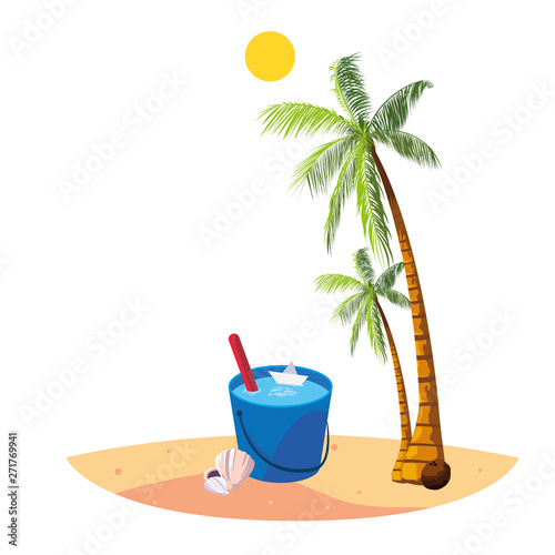 summer beach with palms and water bucket scene