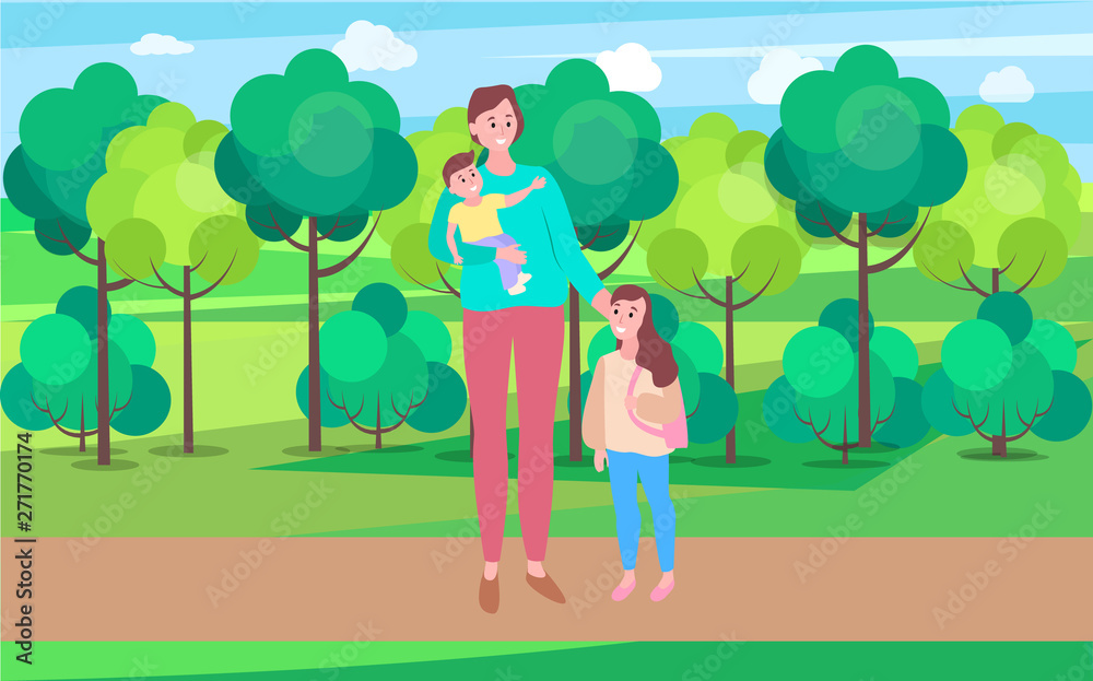 Family time vector, mother with kids walking in park of city. Skyscrapers and street, greenery of trees, clouds at sky. Motherhood and childhood town
