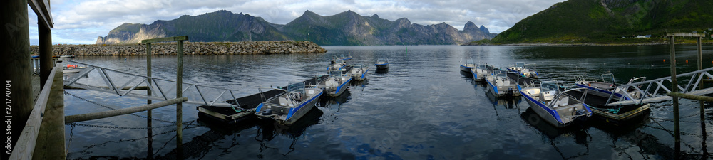 harbor with motor boats. the mountains