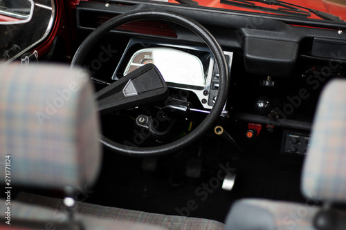 The interior of a classic car.
