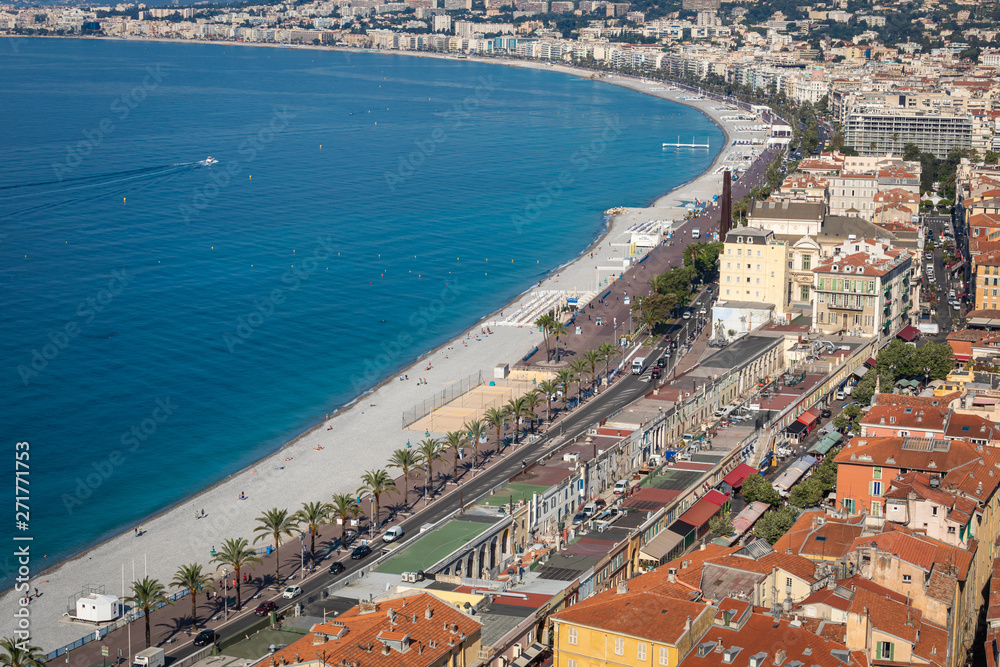 Panoramic view of Nice coastline and beach. Cote d'Azur France. France.