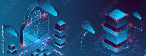 Smart city. Isometric big data concept, database.  Abstract technology background. Vector illustration