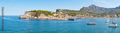 High resolution panorama of Port de Soller, picturesque little village located at the foot of the Serra de Tramuntana, Majorca, Spain.