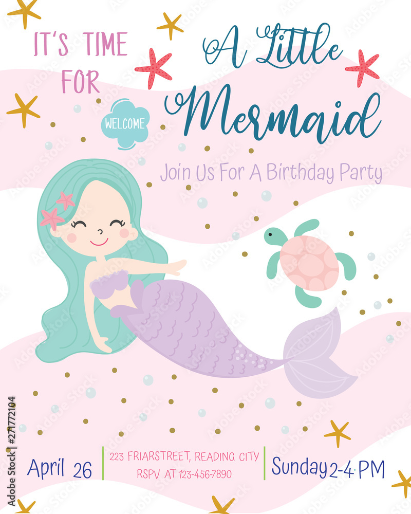 Cute mermaid theme birthday party invitation card vector illustration. Cute mermaid theme birthday party invitation card vector illustration.