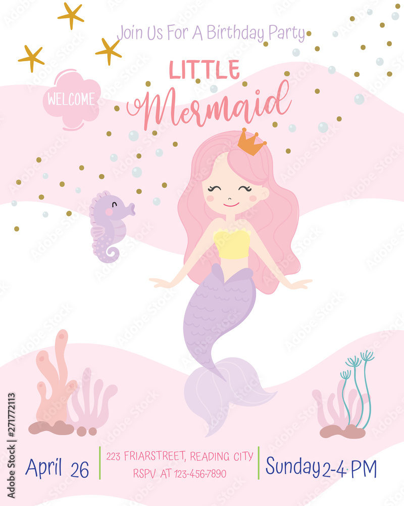 Obraz premium Cute mermaid theme birthday party invitation card vector illustration.