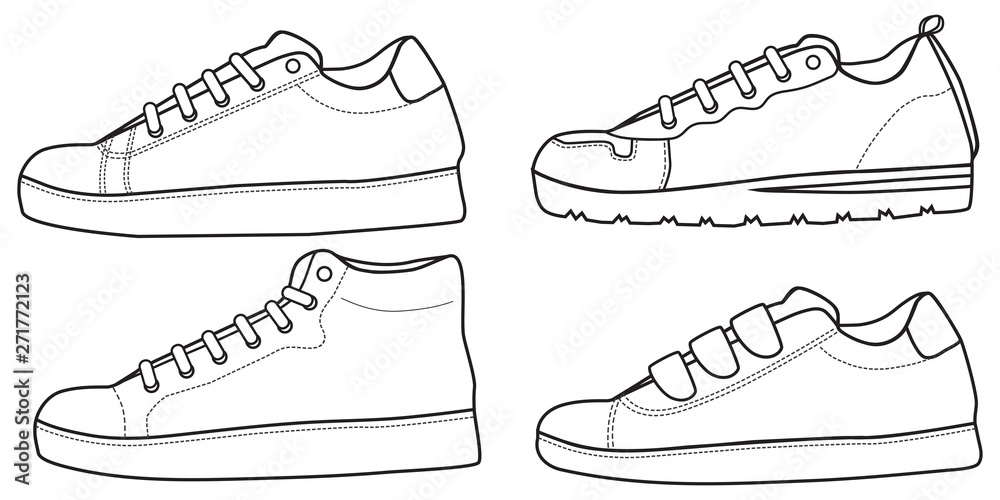 Shoes sneaker outline drawing vector symbol icon, shoe fill in the blank  set collection, black line sneaker trainers template outline Stock Vector |  Adobe Stock