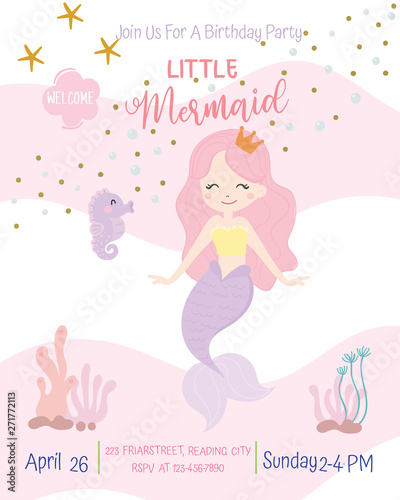 Cute mermaid theme birthday party invitation card vector illustration.