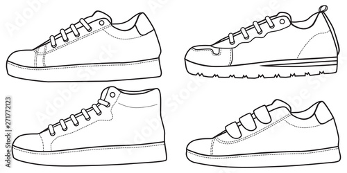 Shoes sneaker outline drawing vector symbol icon, shoe fill in the blank set collection, black line sneaker trainers template outline