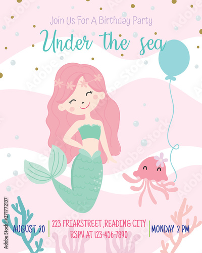 Cute mermaid theme birthday party invitation card vector illustration.