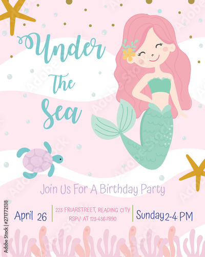 Cute mermaid theme birthday party invitation card vector illustration.