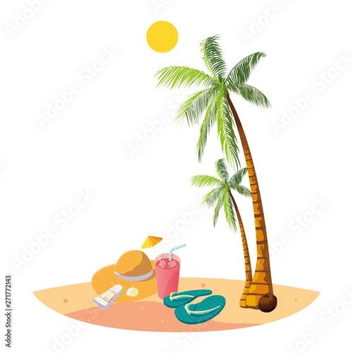 summer beach with palms and straw hat scene