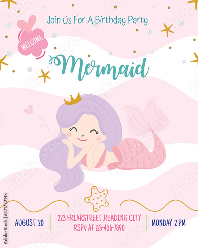 Cute mermaid theme birthday party invitation card vector illustration.