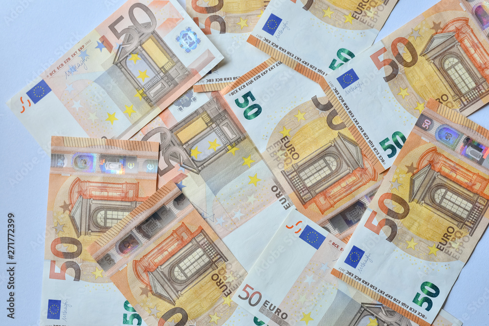50 Euro money banknotes close up.