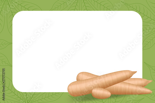 banner frame of cassava fresh for copy space, cassava cut slice for tapioca flour industry or ethanol, pile yucca cassava tuber on frame, raw manioc cassava on template banner green background empty