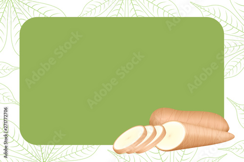 banner frame of cassava fresh for copy space, cassava cut slice for tapioca flour industry or ethanol, pile yucca cassava tuber on frame, raw manioc cassava on template banner green background empty
