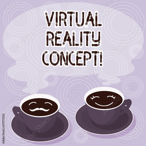 Text sign showing Virtual Reality Concept. Conceptual photo artificial environment that is created with software Sets of Cup Saucer for His and Hers Coffee Face icon with Blank Steam