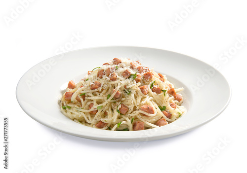 traditional pasta carbonara on white background 