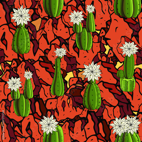 Hand drawn seamless repeating pattern of San Pedro cactus flowering on desert rock background - Vector. Suitable for use in crafting, fashion, decorations etc.