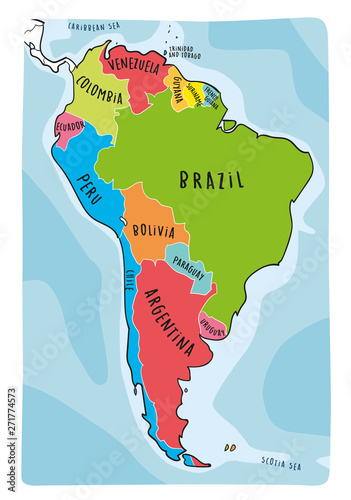 Hand drawn vector map of South America.