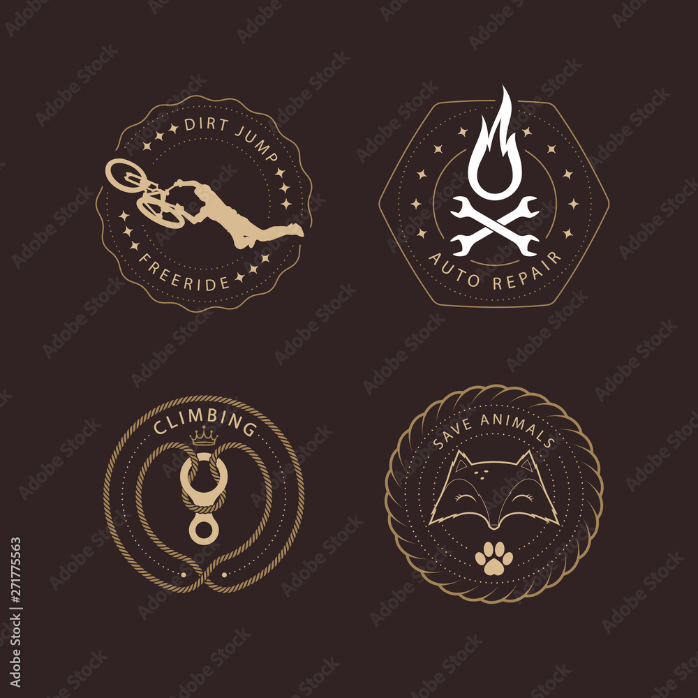 Different logos templates vector design elements and silhouettes. Vintage style emblems and badges retro illustration.