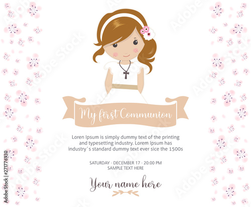 My first communion invitation. Beautiful girl with communion dress and cute flower frame