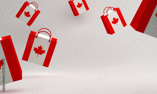 Empty Canadian flag shopping bag in the studio lighting, copy space text, Design creative concept for independence day sale event. 3D rendering illustration.