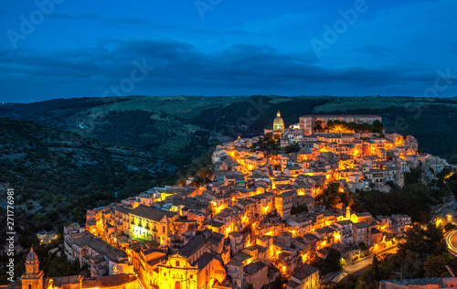 View of the old town of Ragusa Ibla at night, Sicily, Italy