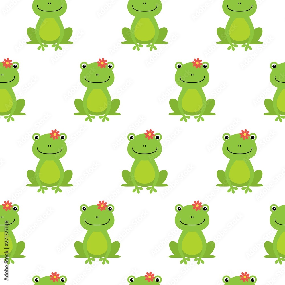 Obraz premium Nice happy cartoon seamless vector pattern with frogs and flowers