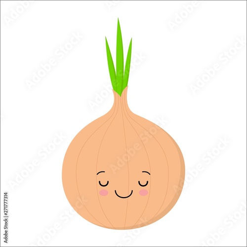 Onion cute kawaii flat design long shadow character. Happy vegetable with smiling baby face and stuck out tongue, smile. Laughing food.