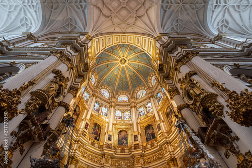Ornamented ceilings with dome at the Cathedral of Granada interior, Granada, Andalucia, Spain