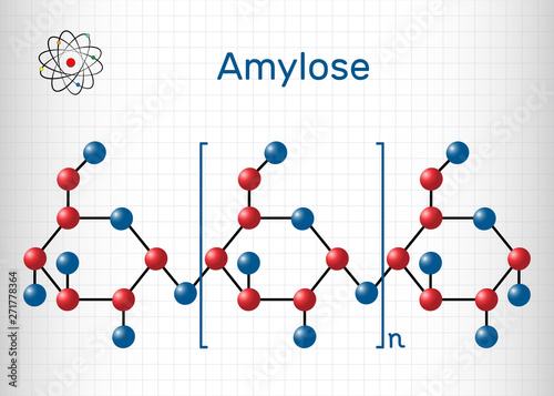 Amylose molecule. It is a polysaccharide and one of the two components of starch. Structural chemical formula and molecule model. Sheet of paper in a cage