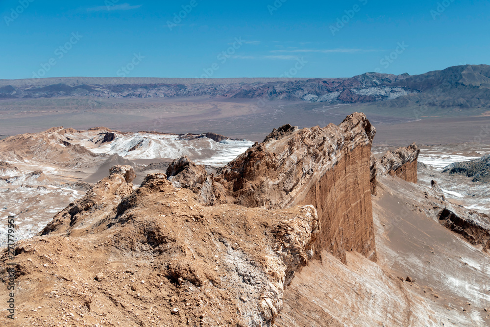 The Moon Valley area (Valle de la Luna) of geological formation of stone and sand located in the Salt mountain range, Atacama desert, Chile