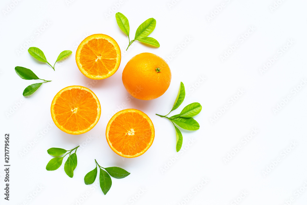 High vitamin C, Juicy and sweet. Fresh orange fruit with green leaves on white High vitamin C, Juicy and sweet. Fresh orange fruit with green leaves on white