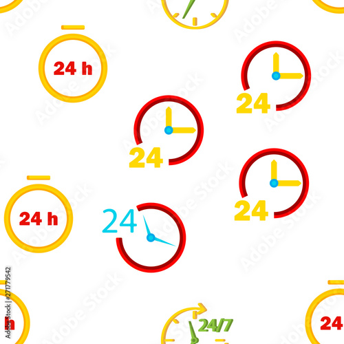 24 Hours, Clock, Time Vector Color Icons Seamless Pattern. 24 Hours Customer Service, Online Support Linear Symbols Pack. Convenience Store Logo. All Day Open Shop, Call Center Illustrations