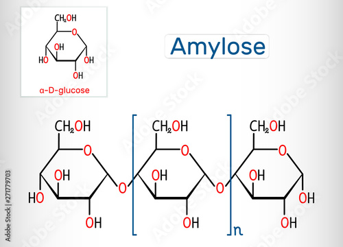 Amylose molecule. It is a polysaccharide and one of the two components of starch. Structural chemical formula