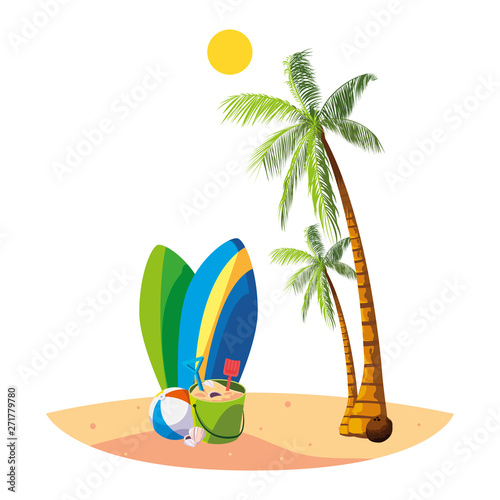summer beach with palms and surfboards scene