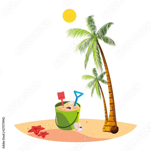 summer beach with palms and sand bucket scene © djvstock