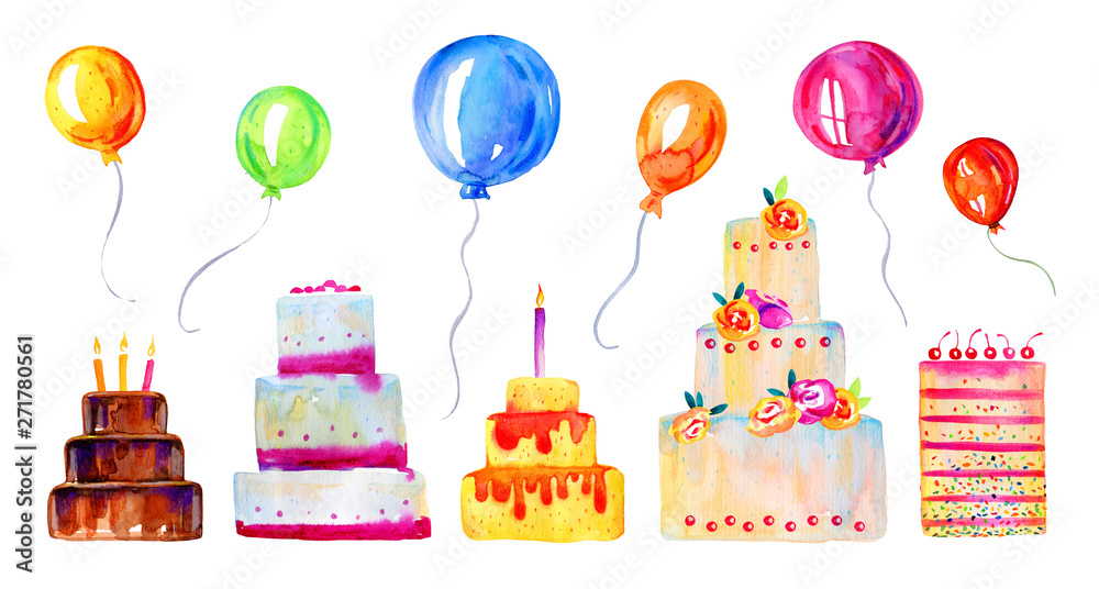 Birthday cakes with candles, decorations and balloons. Hand drawn stylized cartoon watercolor sketch illustration set Birthday cakes with candles, decorations and balloons. Hand drawn stylized cartoon watercolor sketch illustration set
