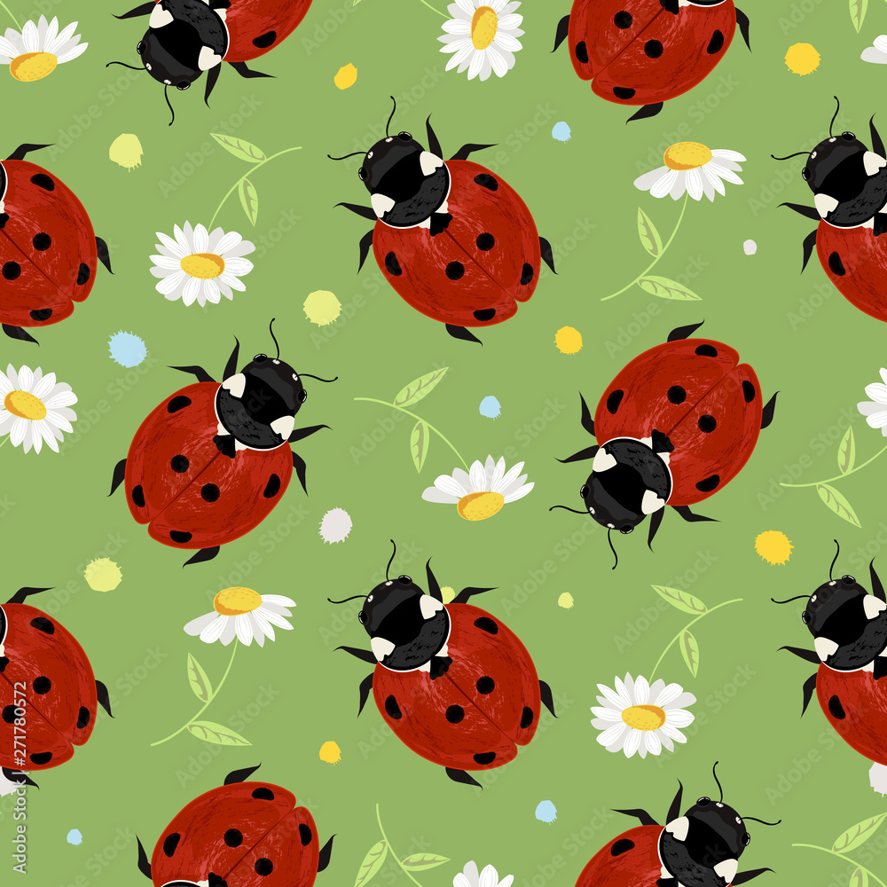 Summer seamless pattern with ladybugs and daisies Summer seamless pattern with ladybugs and daisies