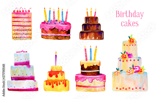 Birthday cakes with candles and decorations. Hand drawn stylized cartoon watercolor sketch illustration set