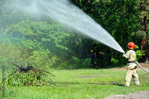 Firefighting team training  firemen in protective ensembles watering forest with syringe