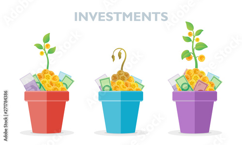 Set of pots with money and growing plants with coins in it. Asset allocation investment idea vector illustration