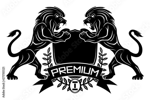 Premium sign with lions and shield on white background.