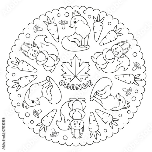 Coloring page mandala for kids with ORANGE maple leaf, fox, squirrel, carrots and chanterelle mushrooms. Vector Illustration.